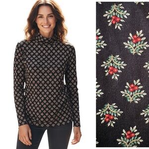 Croft & Barrow Black Holly Berry Holiday Floral Mock Neck Top Blouse Size Large